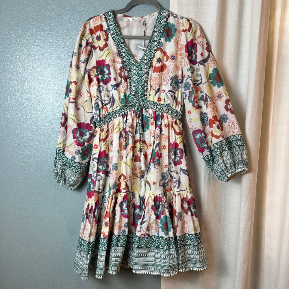 Kaktus‎ Floral Bead Trim Dress Women Medium Multi NEW Boho Mini Balloon Sleeve